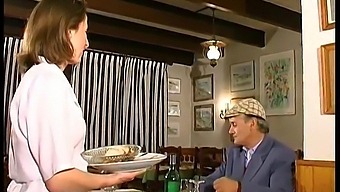 Amateur French Brunette Enjoys A Threesome In A Restaurant With Voyeuristic Papy
